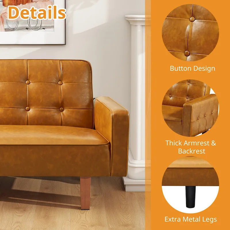 3-Seat Convertible Futon Sofa, Brown/White/Black/Gray, Mid-Century Button Tufted