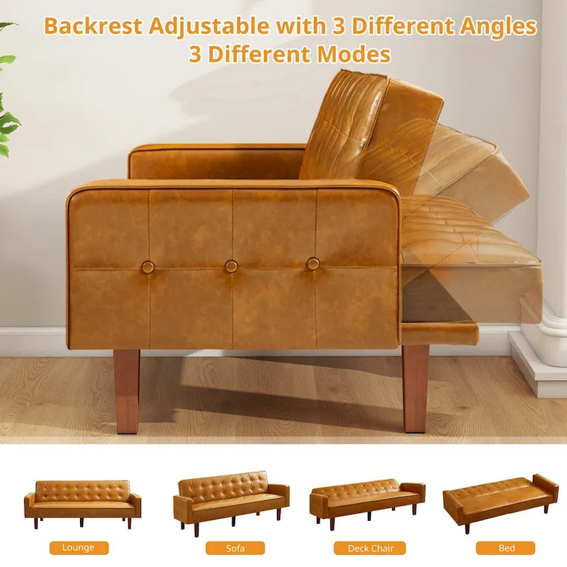 3-Seat Convertible Futon Sofa, Brown/White/Black/Gray, Mid-Century Button Tufted