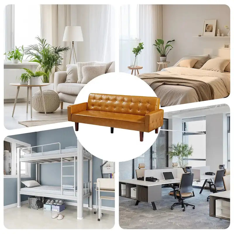 3-Seat Convertible Futon Sofa, Brown/White/Black/Gray, Mid-Century Button Tufted