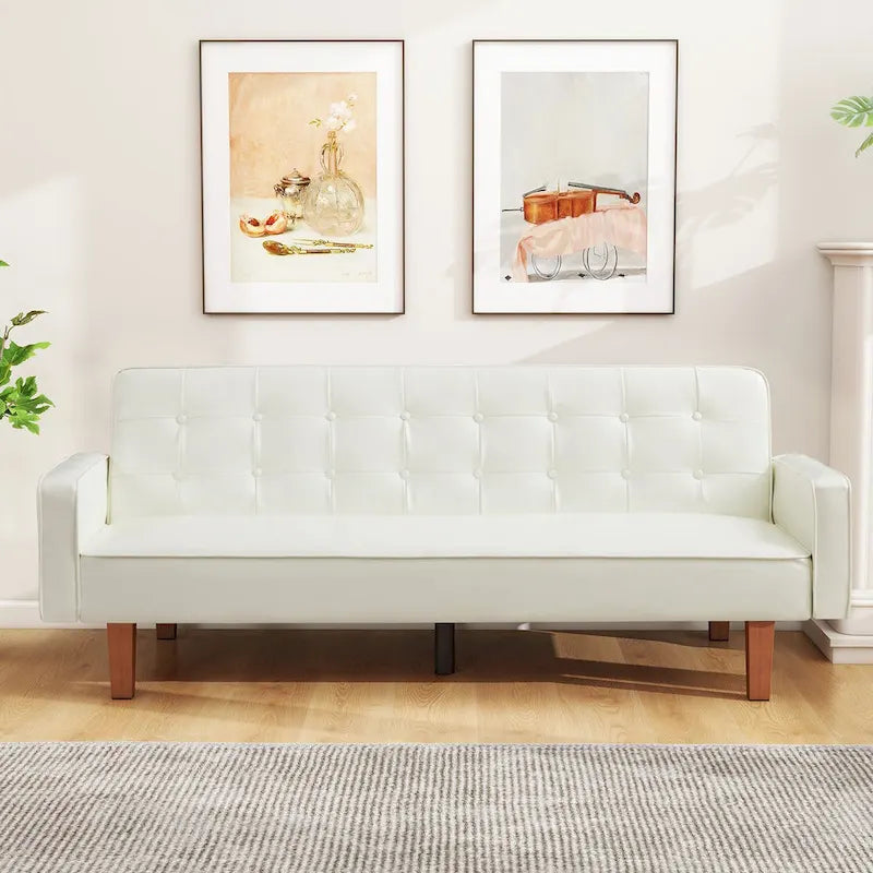 3-Seat Convertible Futon Sofa, Brown/White/Black/Gray, Mid-Century Button Tufted