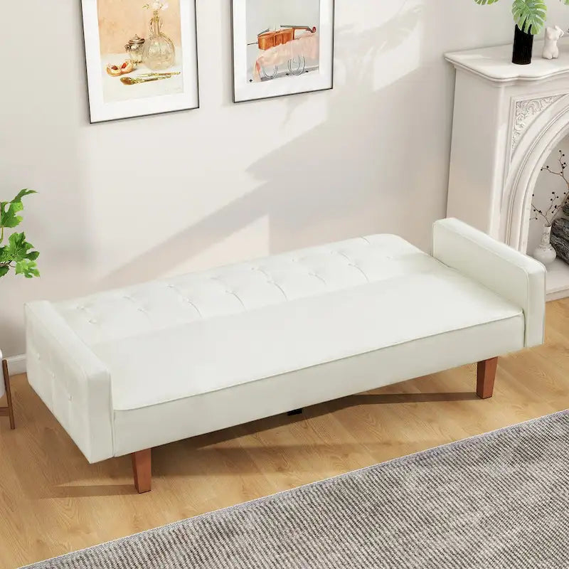 3-Seat Convertible Futon Sofa, Brown/White/Black/Gray, Mid-Century Button Tufted
