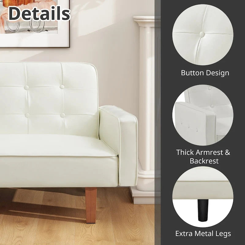 3-Seat Convertible Futon Sofa, Brown/White/Black/Gray, Mid-Century Button Tufted
