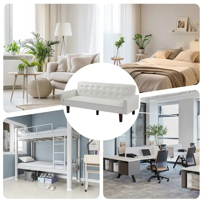 3-Seat Convertible Futon Sofa, Brown/White/Black/Gray, Mid-Century Button Tufted