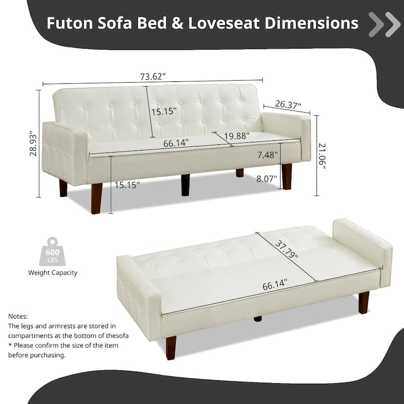 3-Seat Convertible Futon Sofa, Brown/White/Black/Gray, Mid-Century Button Tufted