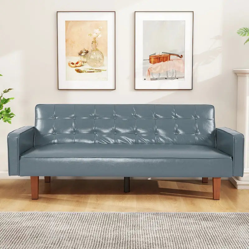 3-Seat Convertible Futon Sofa, Brown/White/Black/Gray, Mid-Century Button Tufted