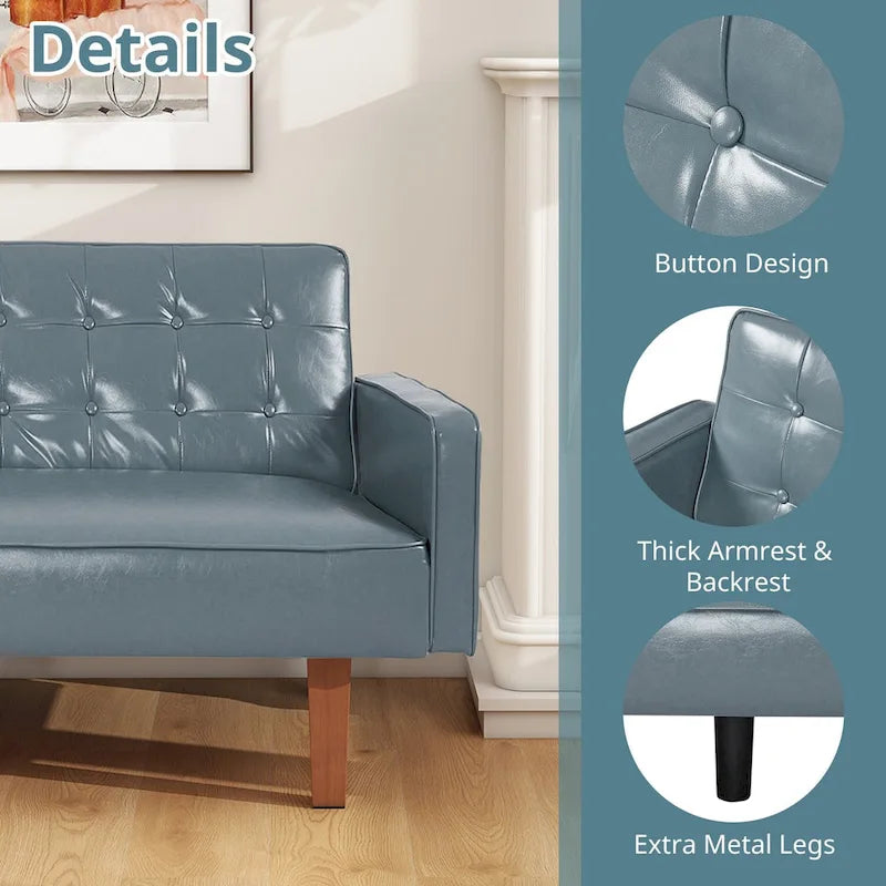 3-Seat Convertible Futon Sofa, Brown/White/Black/Gray, Mid-Century Button Tufted