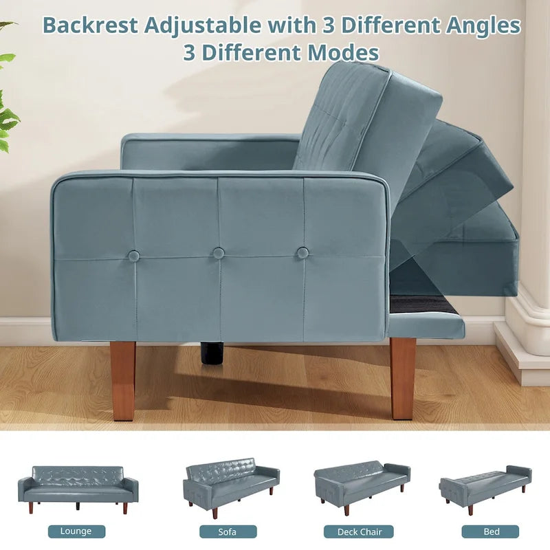 3-Seat Convertible Futon Sofa, Brown/White/Black/Gray, Mid-Century Button Tufted