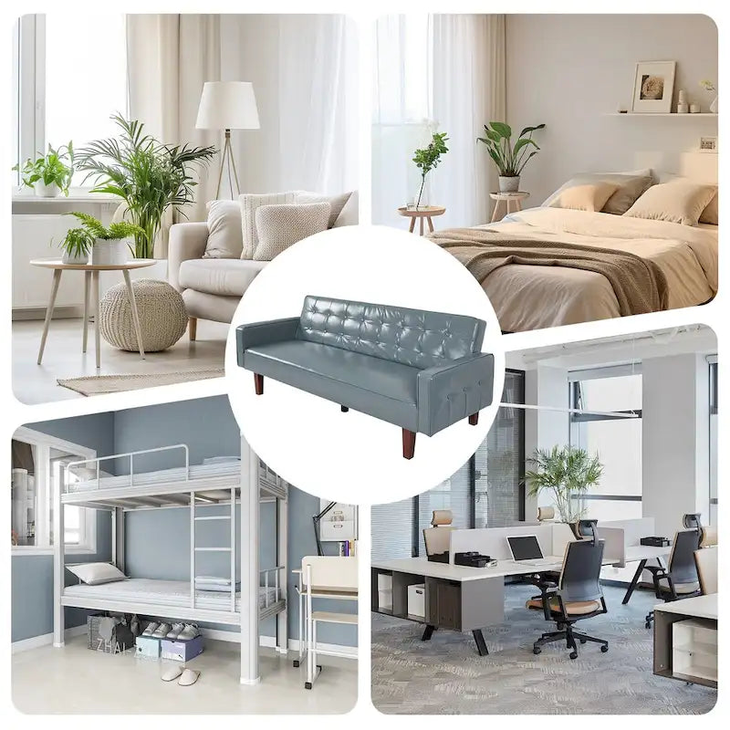 3-Seat Convertible Futon Sofa, Brown/White/Black/Gray, Mid-Century Button Tufted