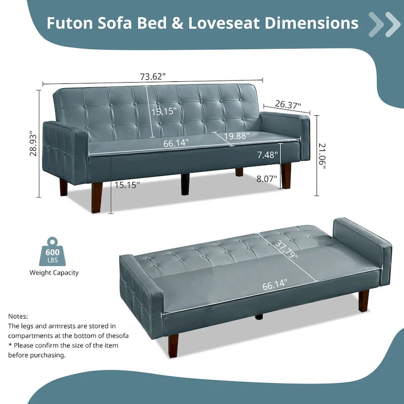 3-Seat Convertible Futon Sofa, Brown/White/Black/Gray, Mid-Century Button Tufted