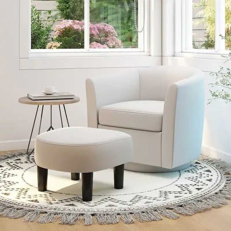 Brown / Creamy White / Gray Swivel Barrel Accent Chair with Ottoman, 1-Seat