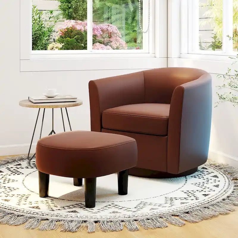 Brown / Creamy White / Gray Swivel Barrel Accent Chair with Ottoman, 1-Seat