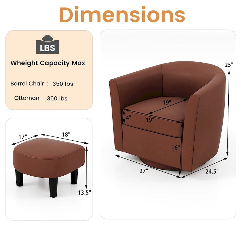 Brown / Creamy White / Gray Swivel Barrel Accent Chair with Ottoman, 1-Seat