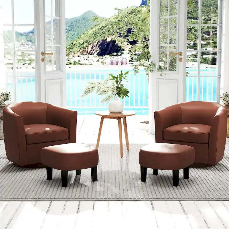 Brown / Creamy White / Gray Swivel Barrel Accent Chair with Ottoman, 1-Seat