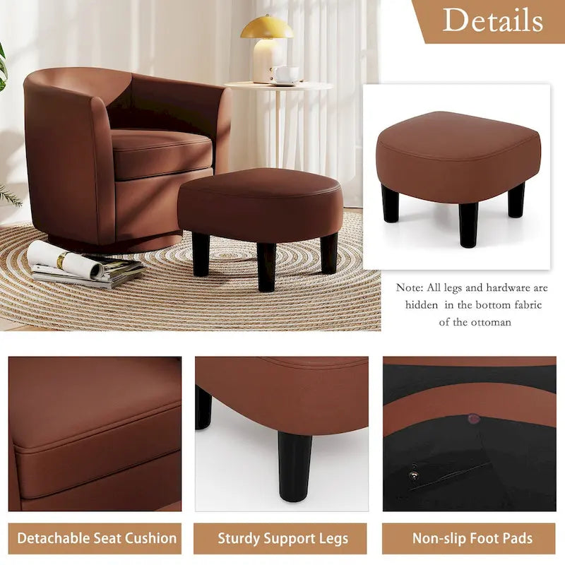 Brown / Creamy White / Gray Swivel Barrel Accent Chair with Ottoman, 1-Seat