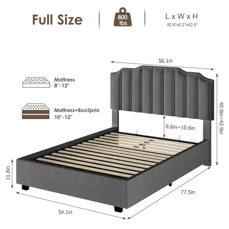 Gray Velvet Lift-Up Storage Platform Bed, Full Size, 1-Person