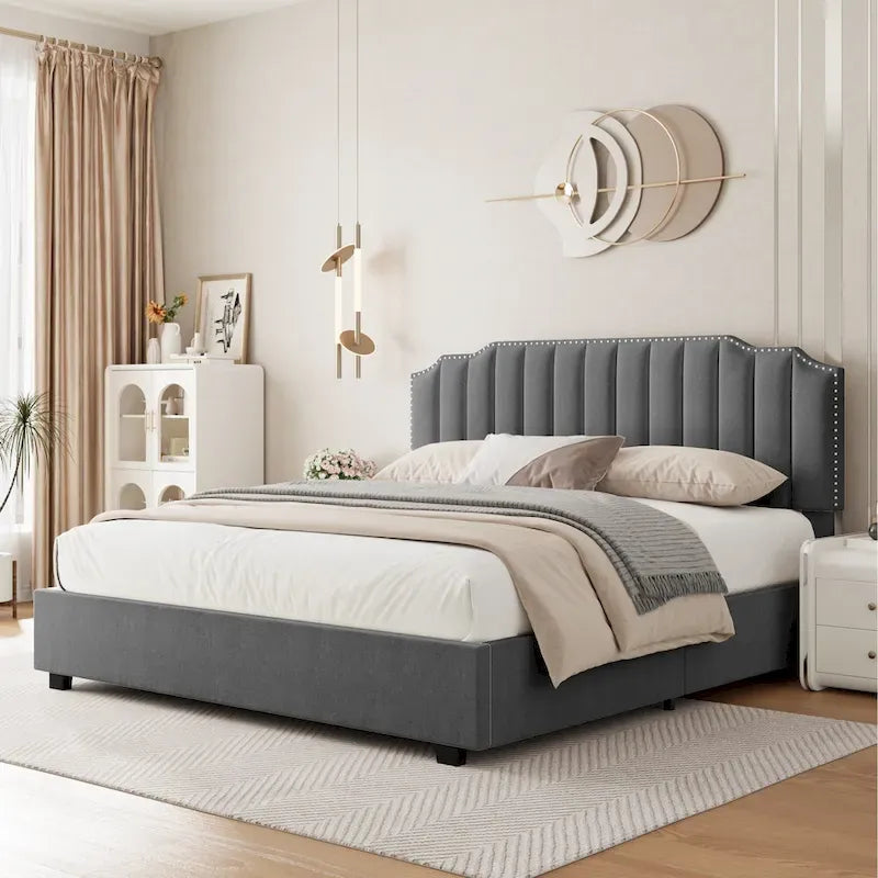 Gray Velvet Lift-Up Storage Platform Bed, Full Size, 1-Person