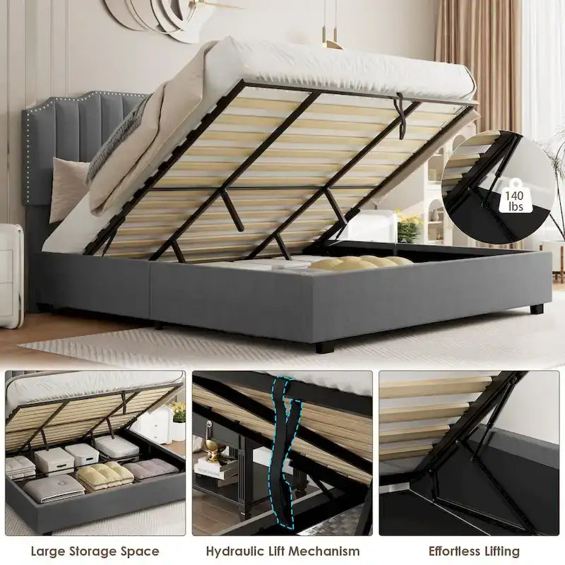 Gray Velvet Lift-Up Storage Platform Bed, Full Size, 1-Person