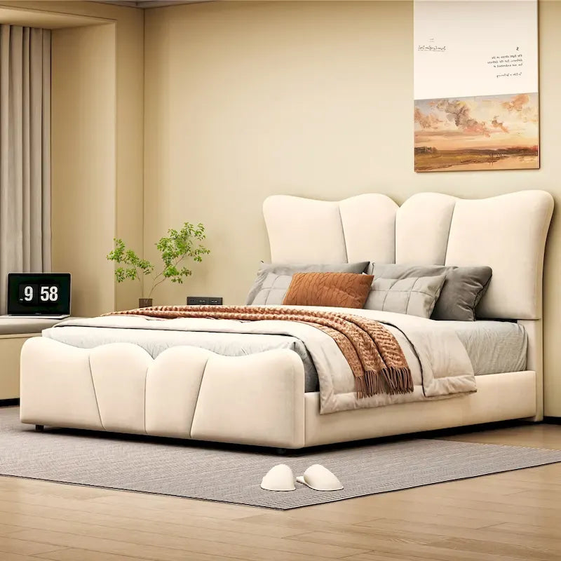 Beige Full Size Velvet Platform Bed with Headboard & Footboard, 1-Person