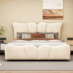 Beige Full Size Velvet Platform Bed with Headboard & Footboard, 1-Person