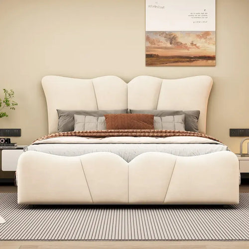 Beige Full Size Velvet Platform Bed with Headboard & Footboard, 1-Person