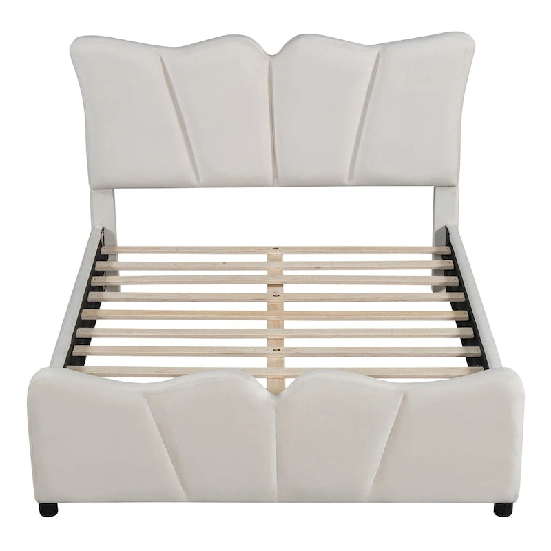 Beige Full Size Velvet Platform Bed with Headboard & Footboard, 1-Person