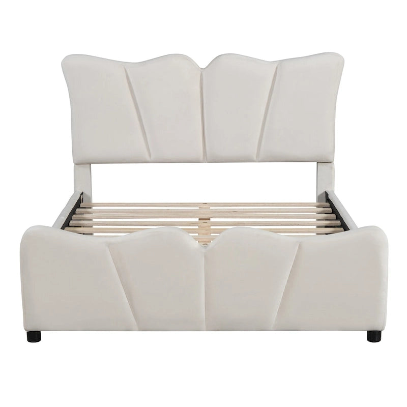 Beige Full Size Velvet Platform Bed with Headboard & Footboard, 1-Person