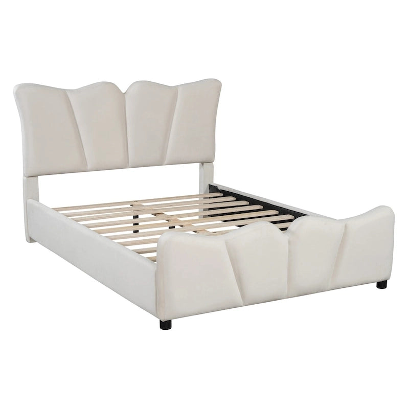 Beige Full Size Velvet Platform Bed with Headboard & Footboard, 1-Person