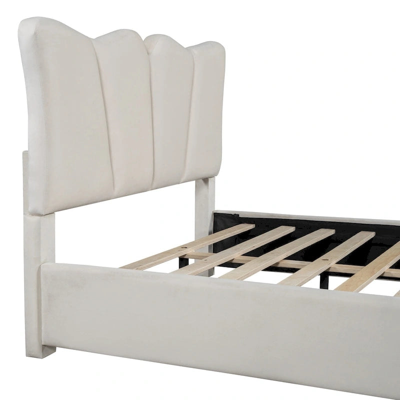 Beige Full Size Velvet Platform Bed with Headboard & Footboard, 1-Person