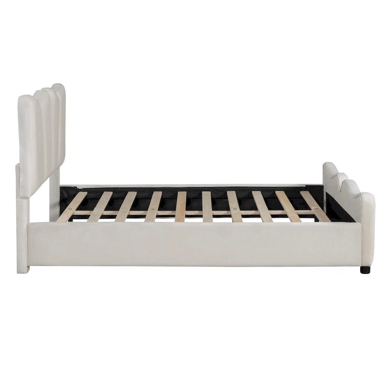 Beige Full Size Velvet Platform Bed with Headboard & Footboard, 1-Person
