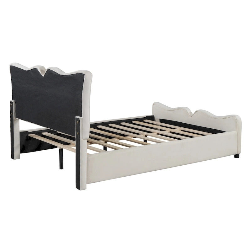 Beige Full Size Velvet Platform Bed with Headboard & Footboard, 1-Person