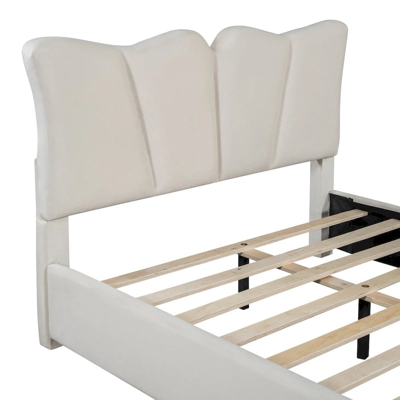 Beige Full Size Velvet Platform Bed with Headboard & Footboard, 1-Person