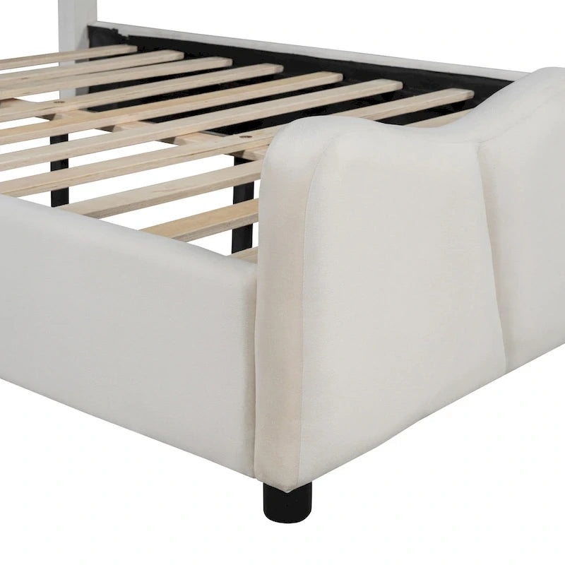 Beige Full Size Velvet Platform Bed with Headboard & Footboard, 1-Person
