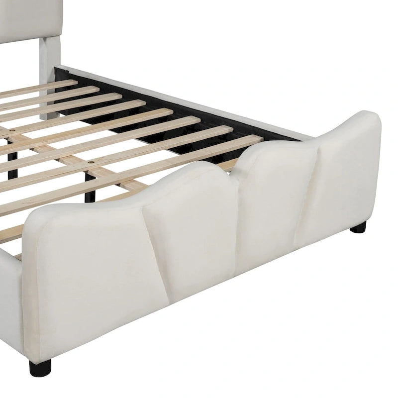 Beige Full Size Velvet Platform Bed with Headboard & Footboard, 1-Person