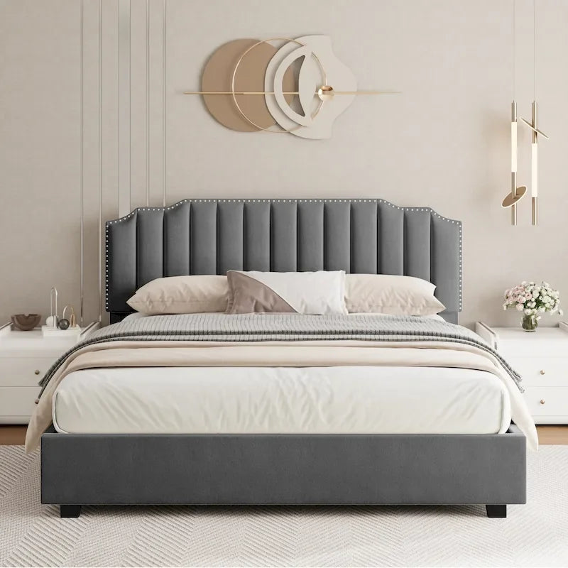 Gray Velvet Full-Size Platform Bed with Lift-Up Storage, 1-Person