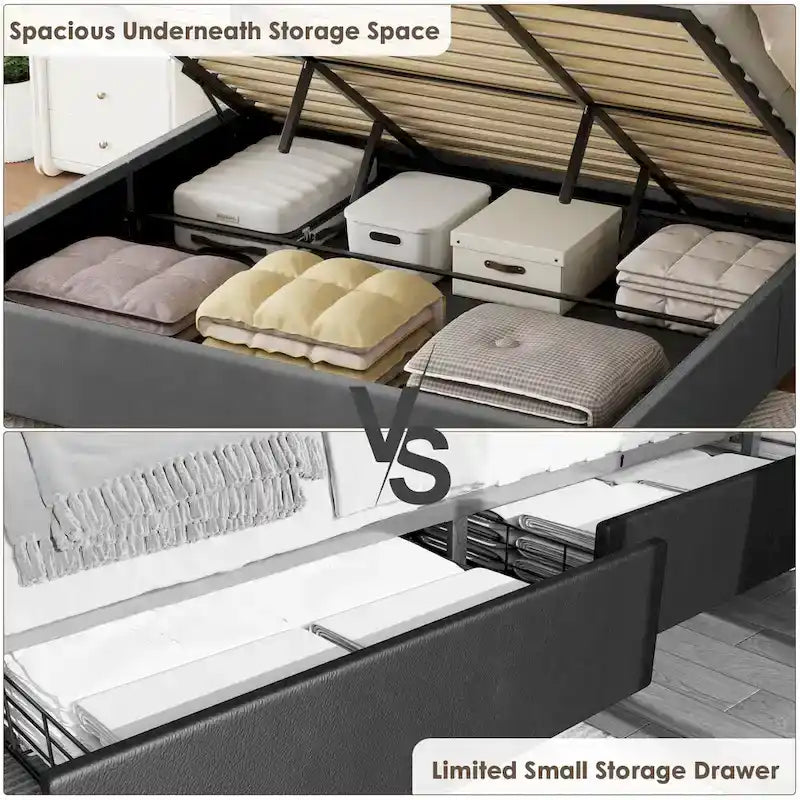 Gray Velvet Full-Size Platform Bed with Lift-Up Storage, 1-Person