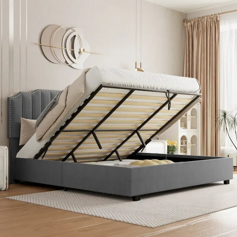 Gray Velvet Full-Size Platform Bed with Lift-Up Storage, 1-Person