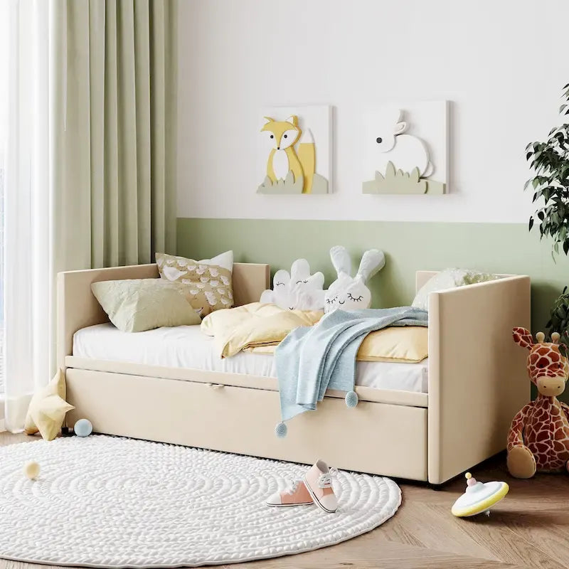 Beige Upholstered Twin Daybed with Pop-Up Trundle, Sleeps 1–2