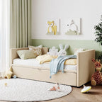 Beige Upholstered Twin Daybed with Pop-Up Trundle, Sleeps 1–2