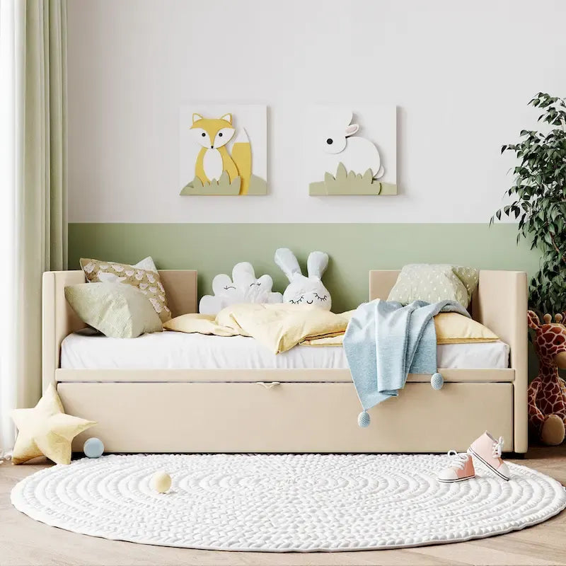 Beige Upholstered Twin Daybed with Pop-Up Trundle, Sleeps 1–2