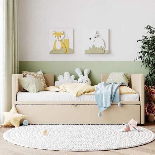 Beige Upholstered Twin Daybed with Pop-Up Trundle, Sleeps 1–2