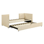 Beige Upholstered Twin Daybed with Pop-Up Trundle, Sleeps 1–2