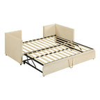 Beige Upholstered Twin Daybed with Pop-Up Trundle, Sleeps 1–2