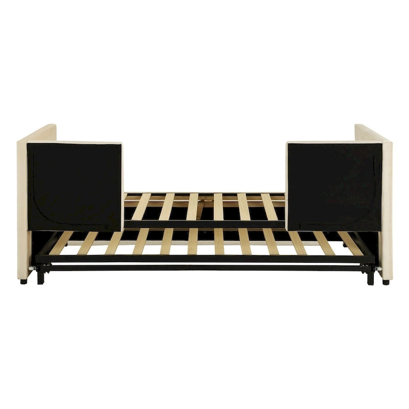 Beige Upholstered Twin Daybed with Pop-Up Trundle, Sleeps 1–2