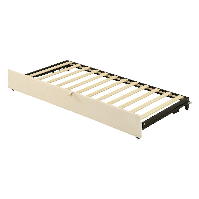 Beige Upholstered Twin Daybed with Pop-Up Trundle, Sleeps 1–2