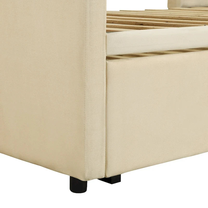 Beige Upholstered Twin Daybed with Pop-Up Trundle, Sleeps 1–2