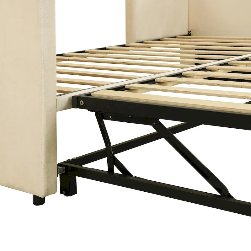 Beige Upholstered Twin Daybed with Pop-Up Trundle, Sleeps 1–2