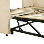 Beige Upholstered Twin Daybed with Pop-Up Trundle, Sleeps 1–2