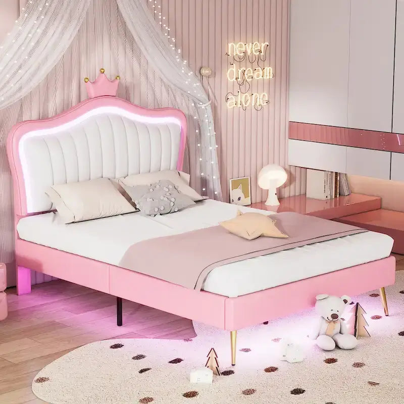 Pink Full Size LED Headboard Platform Bed – For 1–2 People