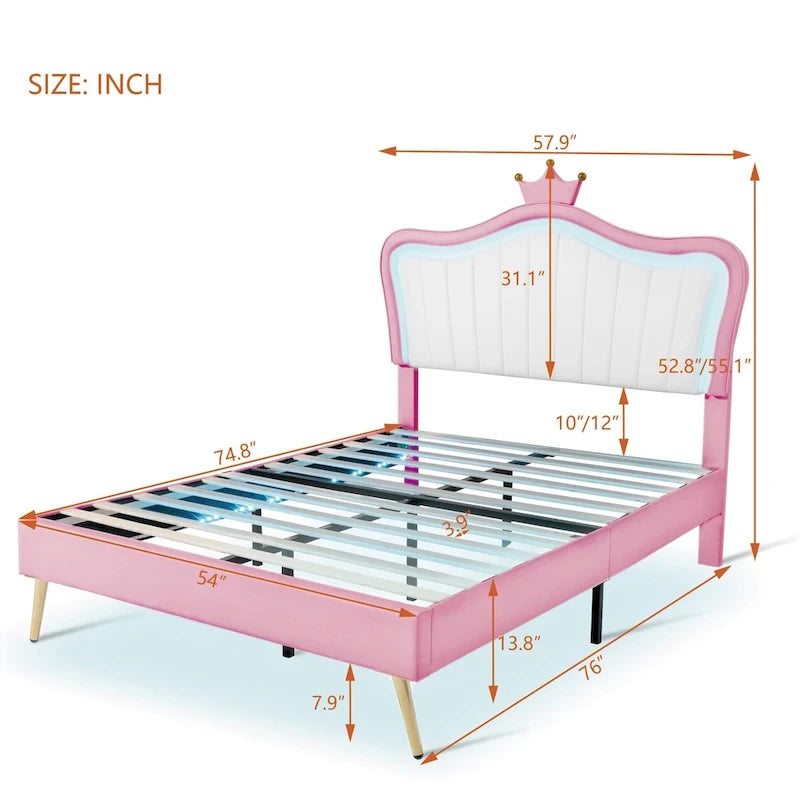 Pink Full Size LED Headboard Platform Bed – For 1–2 People
