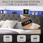 Grey Queen LED Platform Bed with Storage & Charging Headboard